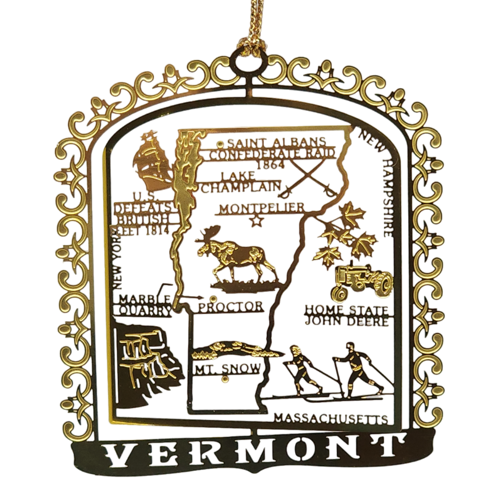 Solid Brass Ornament - Vermont Map and Landmarks