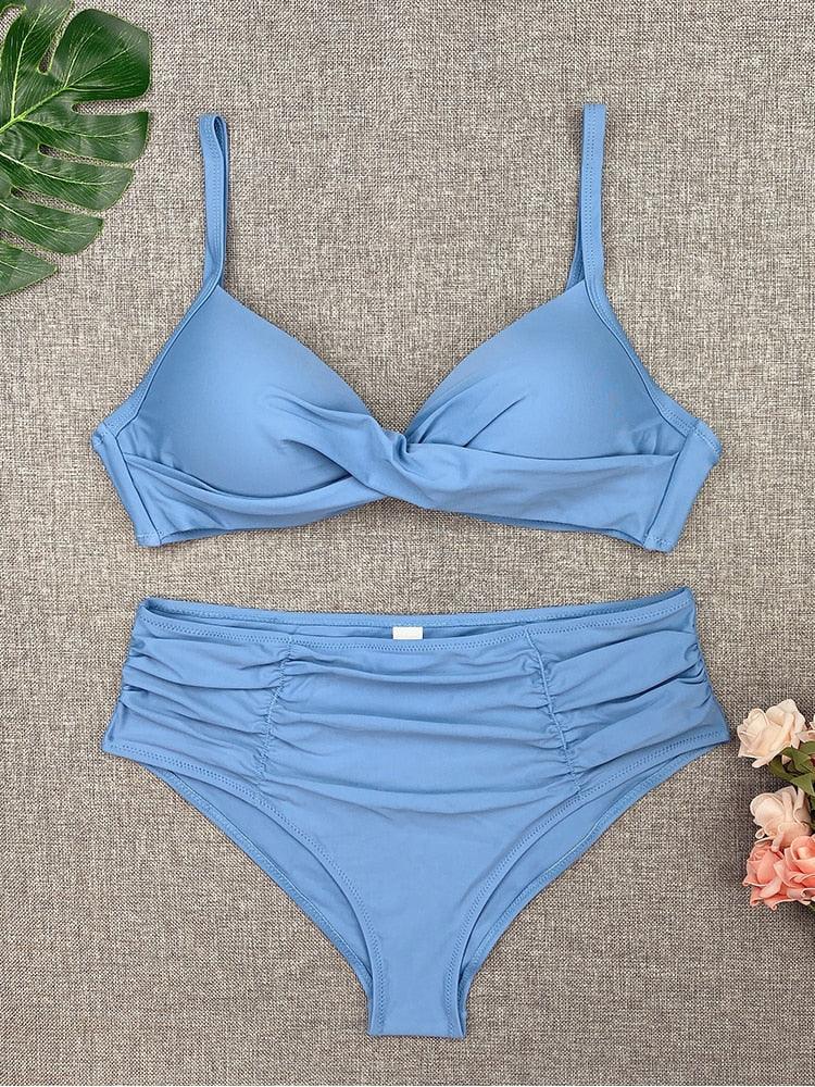 Bikini Swimwear Women High Waist Swimsuit Solid Color Bikini Set Women's Push Up Underwire Top Bottom Bikini Bathing Swimsuits Beach Wear Padded Push Up Bikini Set Female