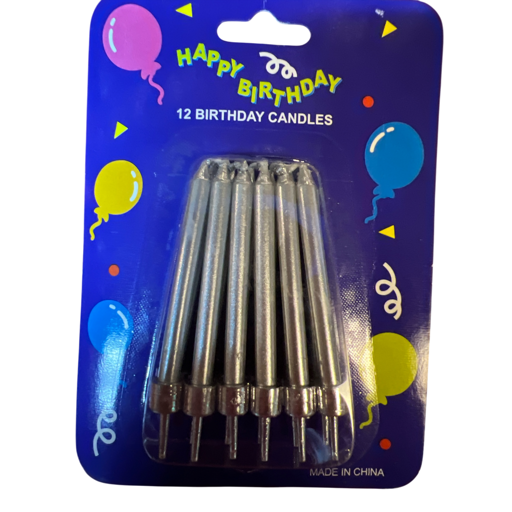 Silver Metallic Birthday Candles in Holders - Set Of 12