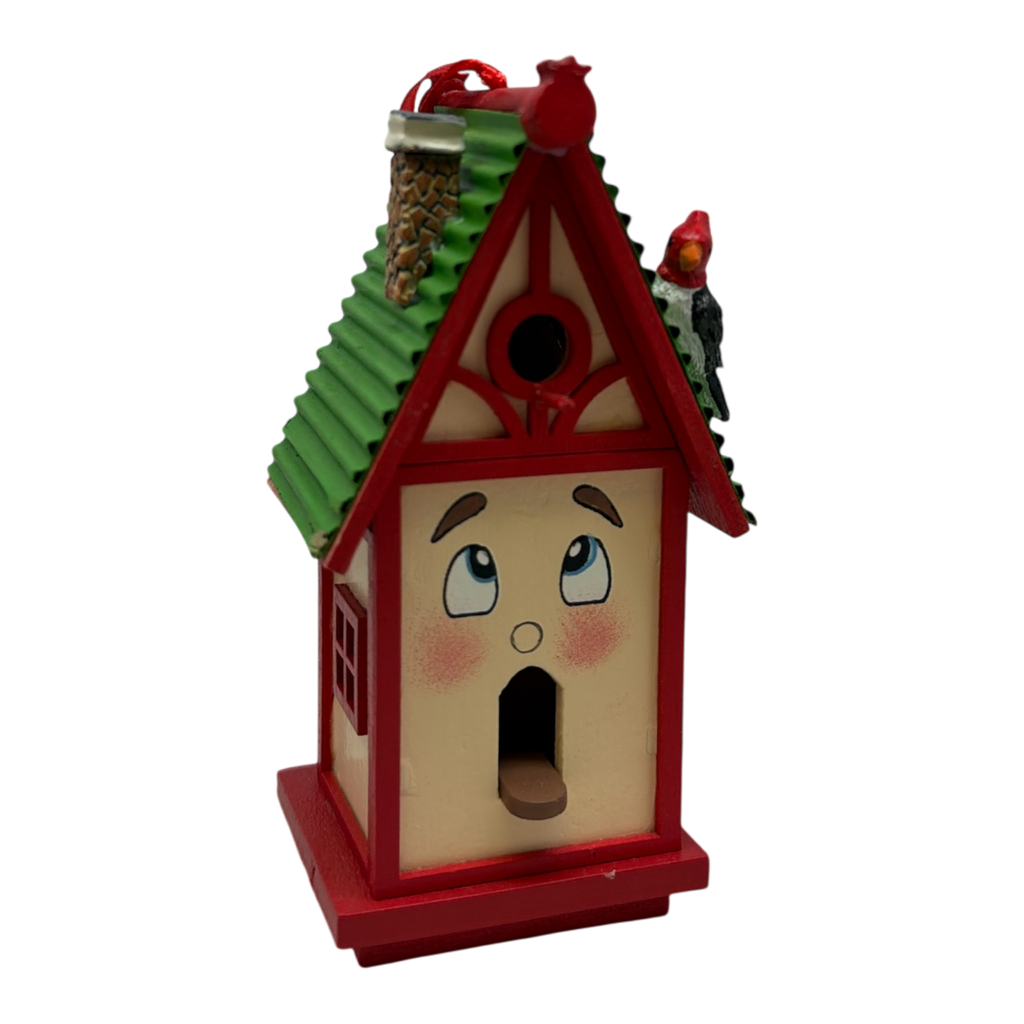 Whimsical Wooden Birdhouse Ornament - Red