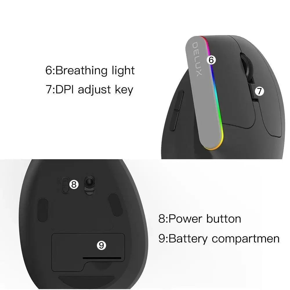 Black Wireless Ergonomic Mouse Vertical 1600 DPI Button Gaming Mouse RGB Optical USB Mice For PC And Laptop 2.4Ghz