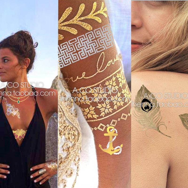 Body Tattoo Art Painting Stickers Glitter Gold Silver Temporary Waterproof Nontoxic Long Lasting Tattoos