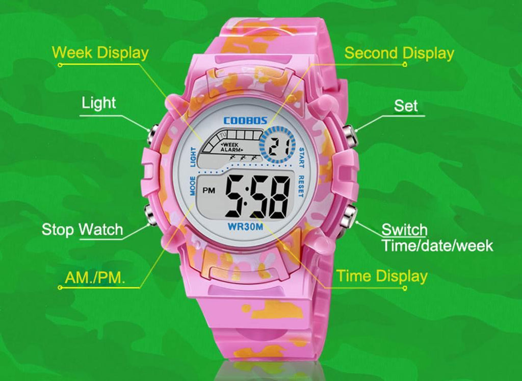 Boys Sports Military Kids Digital Watches Student Childrens Watch Fashion Luminous Led Alarm Camouflage Green Waterproof 7 Color Led Backlight Multifuction Wristwatch For Boys Girls
