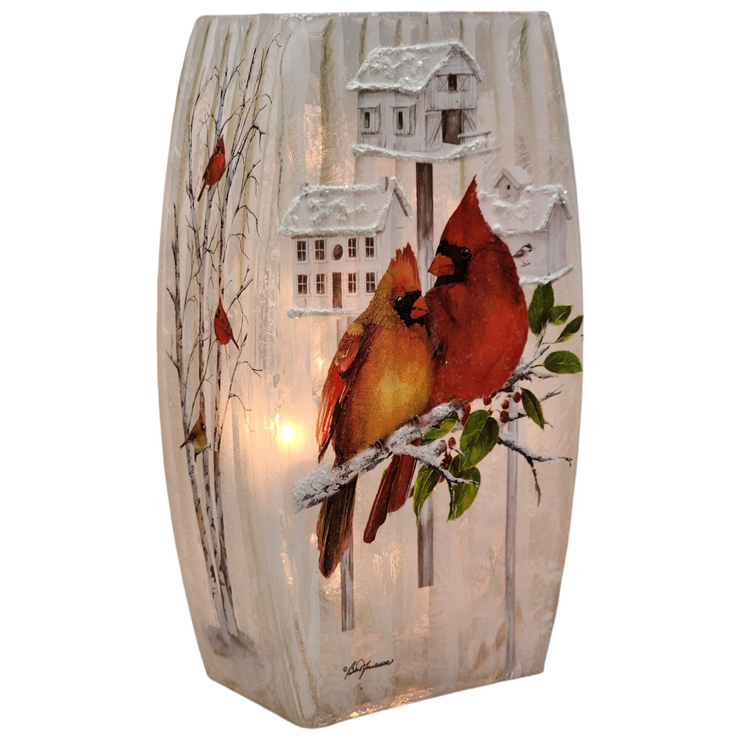 Cardinal Birdhouses Prelit Glass Vase - 2 Cardinals