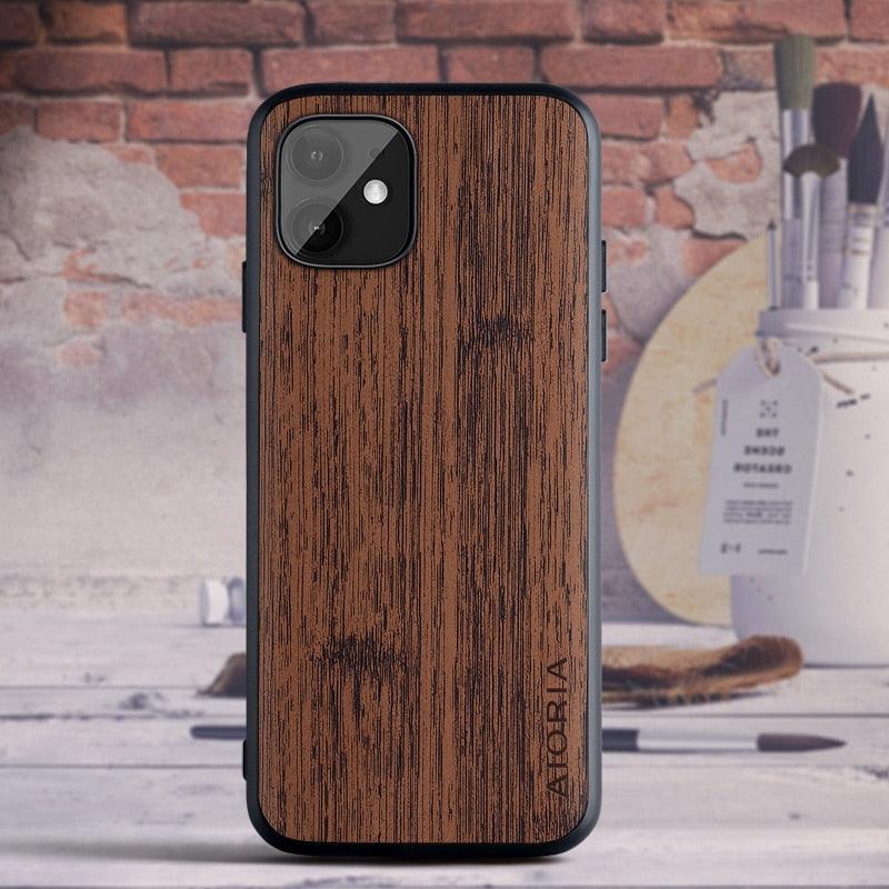 Brown Simple Easy Grip Wooden Design Slim Case for iPhone 11 14 12 13 Pro XS Max x XR mini SE2 SE 7 6 8 6s Plus Cover Wood Bamboo Pattern Leather Vintage Case