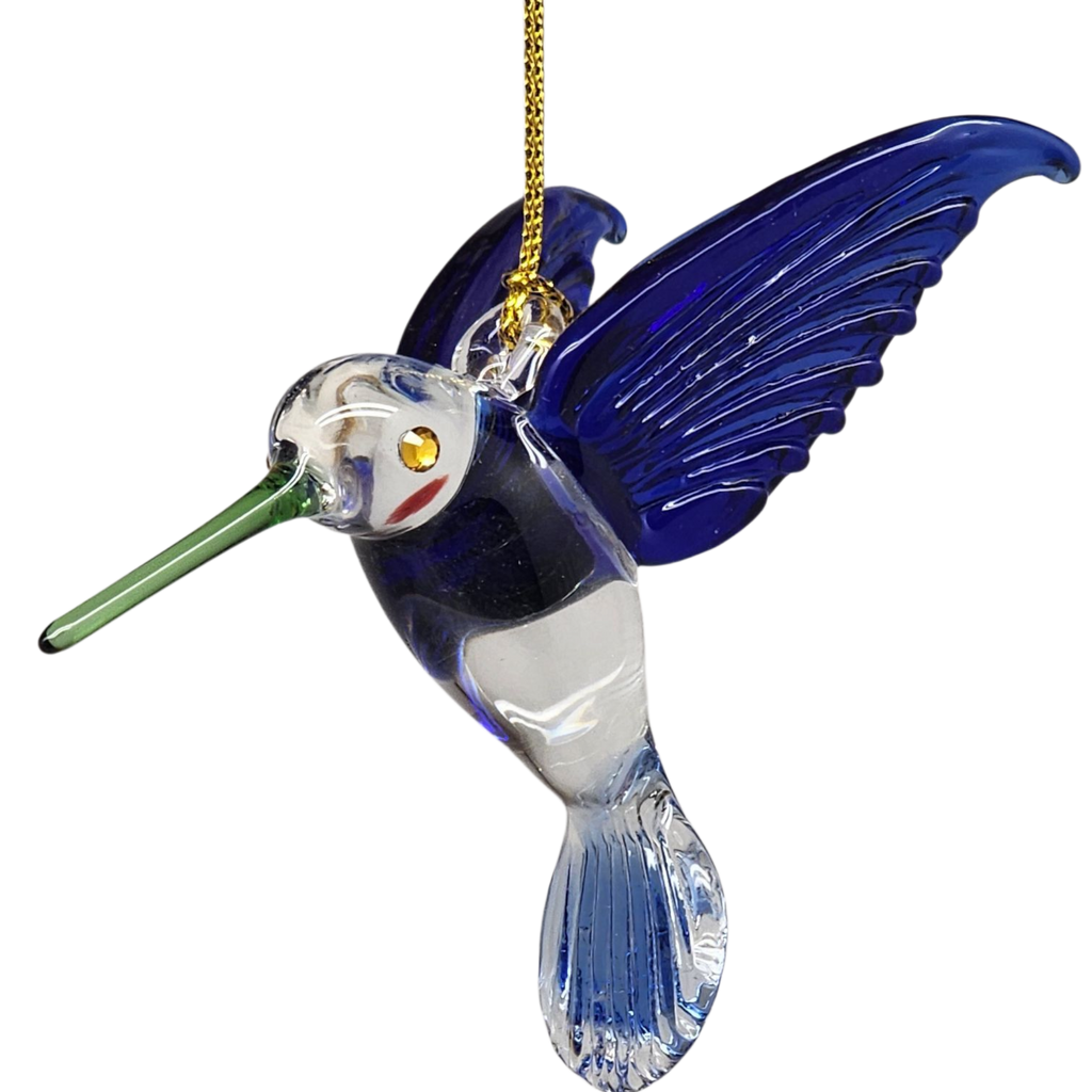Egyptian Glass Hummingbird Ornament - Blue with Green Beak