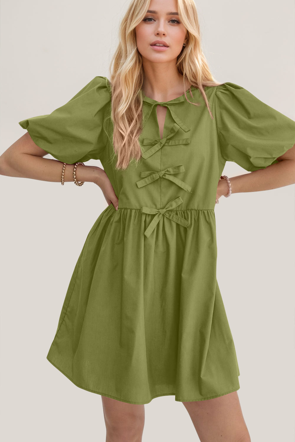 Elegant Ruched Puff Sleeve Mini Dress Vintage Bow Detail Cute Short Dress for Women
