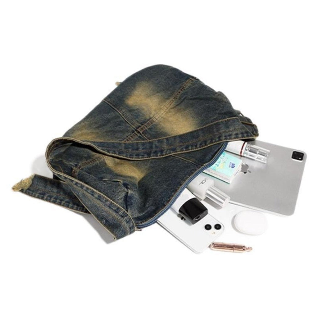 Washed old denim hobo bag, large capacity hobo shoulder bag, sweet cool babes shoulder Retro denim shoulder bag
