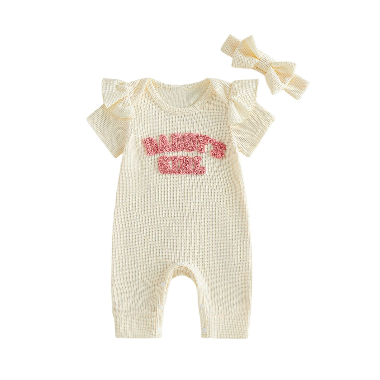 Waffle-Print Flutter-Sleeve Onesie Headband Two-Piece Set For Baby Girls