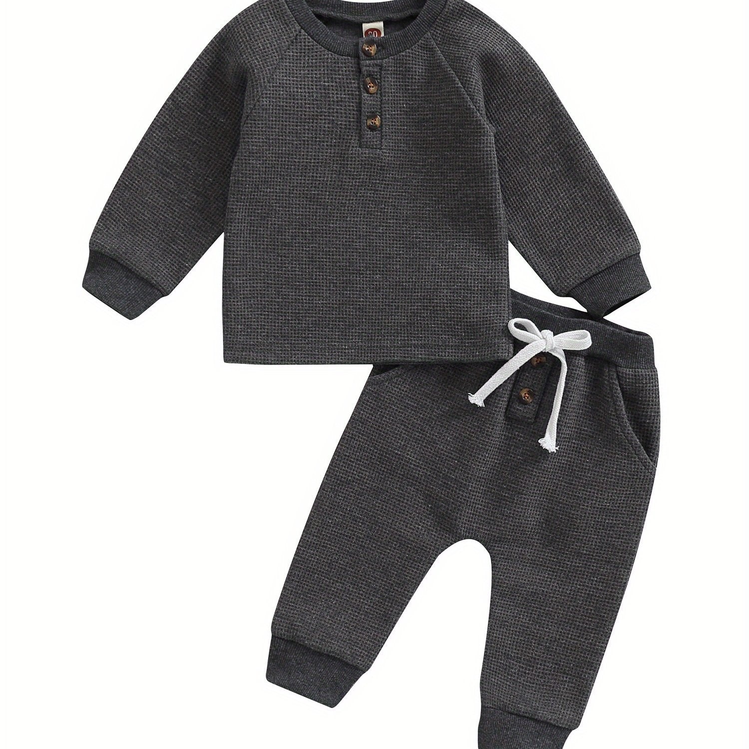 Toddler Thicken Waffle Clothes Set Boy Girls Buttons Round