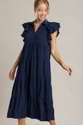 Dark Navy Full Size Ruffle Sleeve Dress Classic Feminine Plus Size Fashion Soft Dress