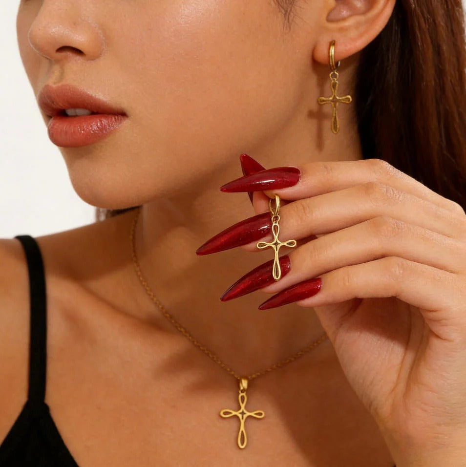 Cross Pendant Stainless Steel Clavicle Chain & Earrings Set Simple Daily Jewelry