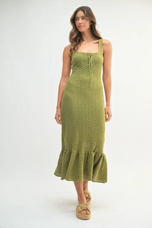 Ruffled Hem Sleeveless Crochet Knit Midi Dress For Women – Crochet Knit Dress, Unique Ruffled Hem Dress, Sleeveless Midi Dress, Summer Midi Dress, Elegant Crochet Dress