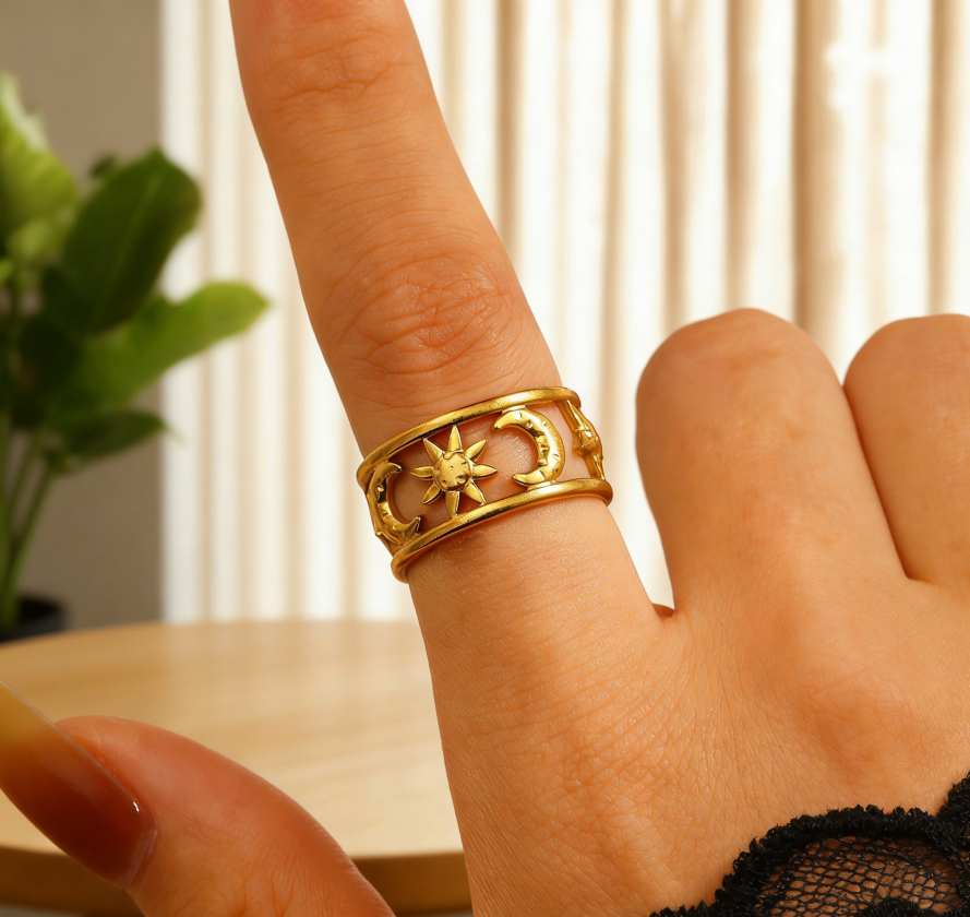 Classic 18K Gold Stainless Steel Star & Moon Ring