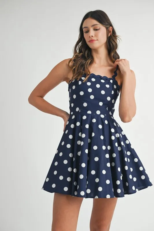 Polka Dot Mini Dress with Ricrac Trim Strap For Women – Playful Polka Dot Design, Unique Ricrac Trim, Fluttering, Chic Mini Dress for Casual or Summer Events