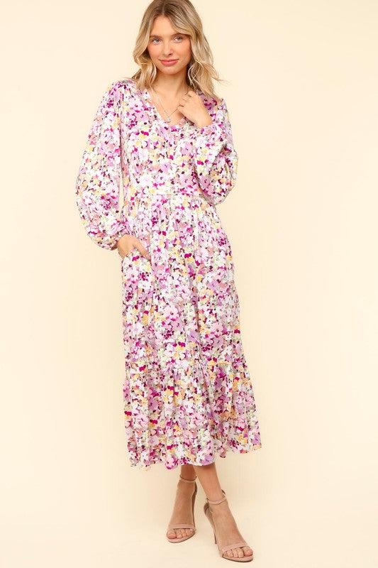 Lilac Full Size Floral V-Neck Long Sleeve Dress With Side Pockets Elegant & Practical Dress