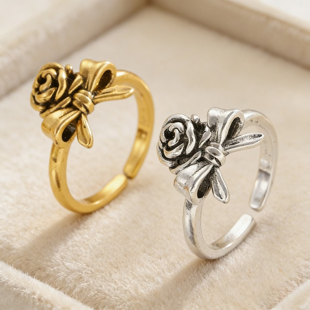 Vintage Rose & Bow Open Ring