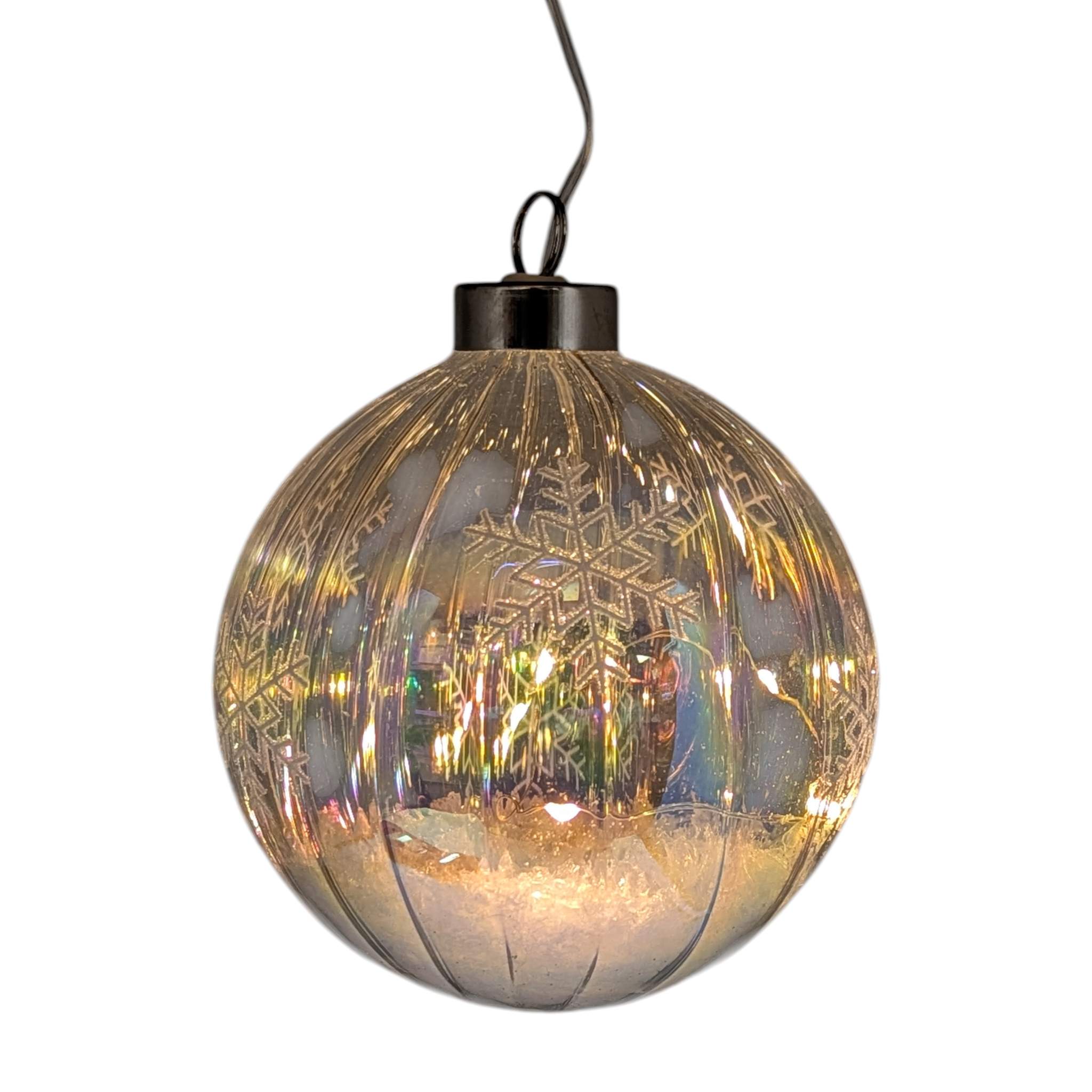 Lighted USB Clear Iridescent Glass Ball Ornament - Streaked