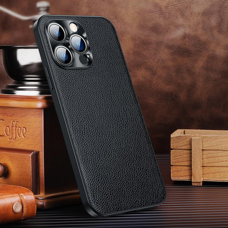 Classic Leather Case Compatible with iPhone Slim Leather Protective Case Midnight Green Luxury Genuine Leather Cover For iPhone 14 Pro 13 12 11 Pro Max X XS XR 7 8 Plus Case Vintage Leather Business Men Iphone Case