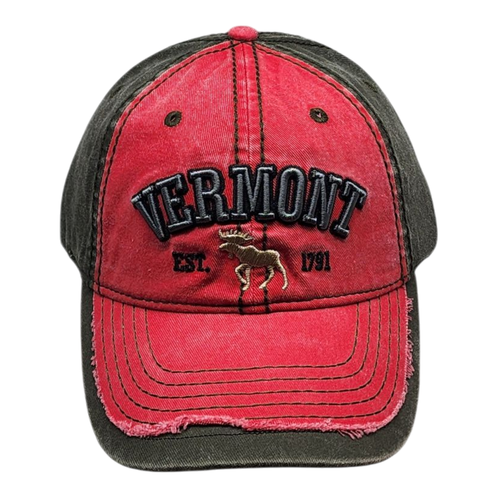 2 Tone Embroidered Hat - Vermont 1791 Moose - Cranberry and Olive