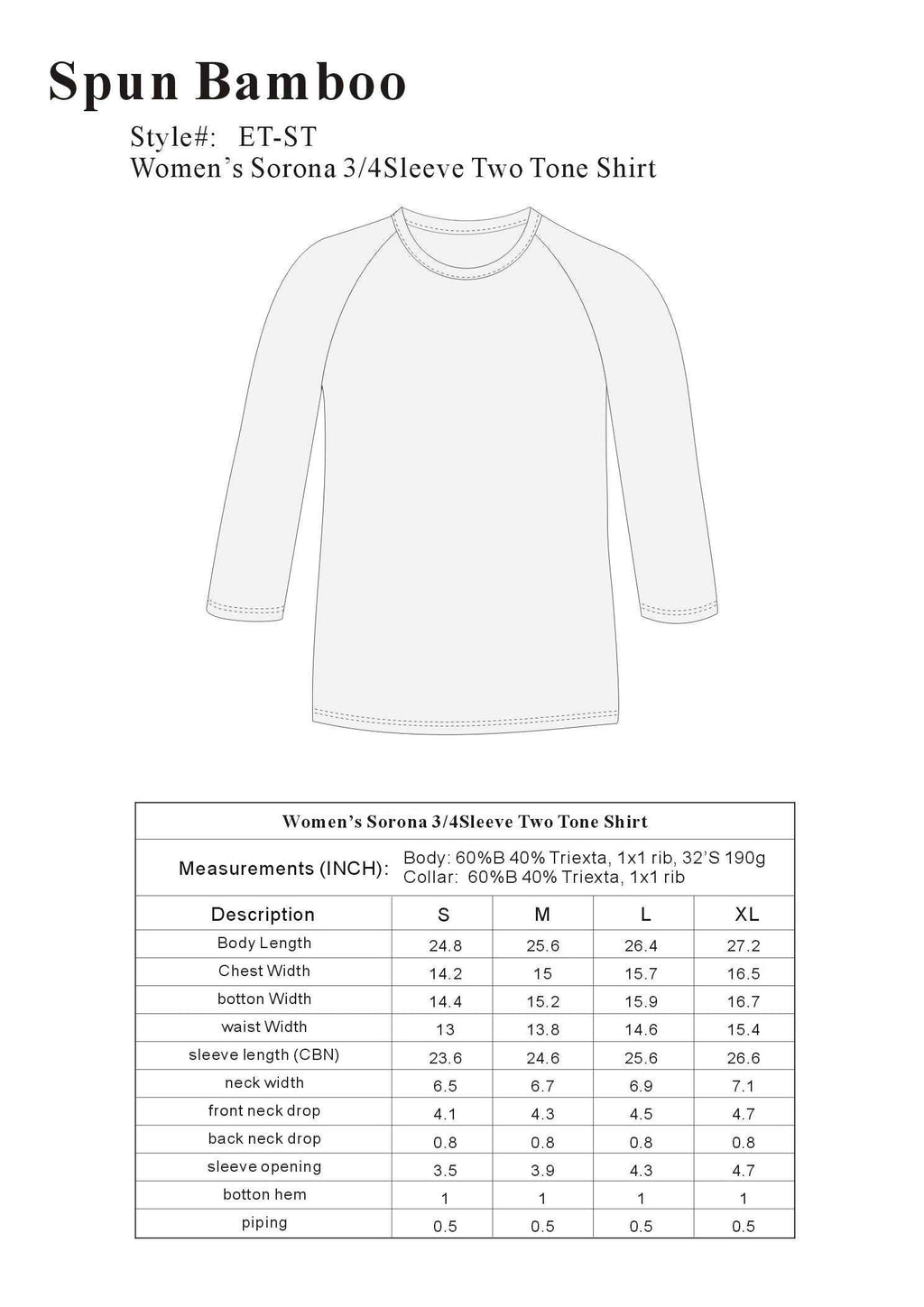 Clearance Women's Bamboo Viscose/Sorona 3/4 Sleeve T-Shirt