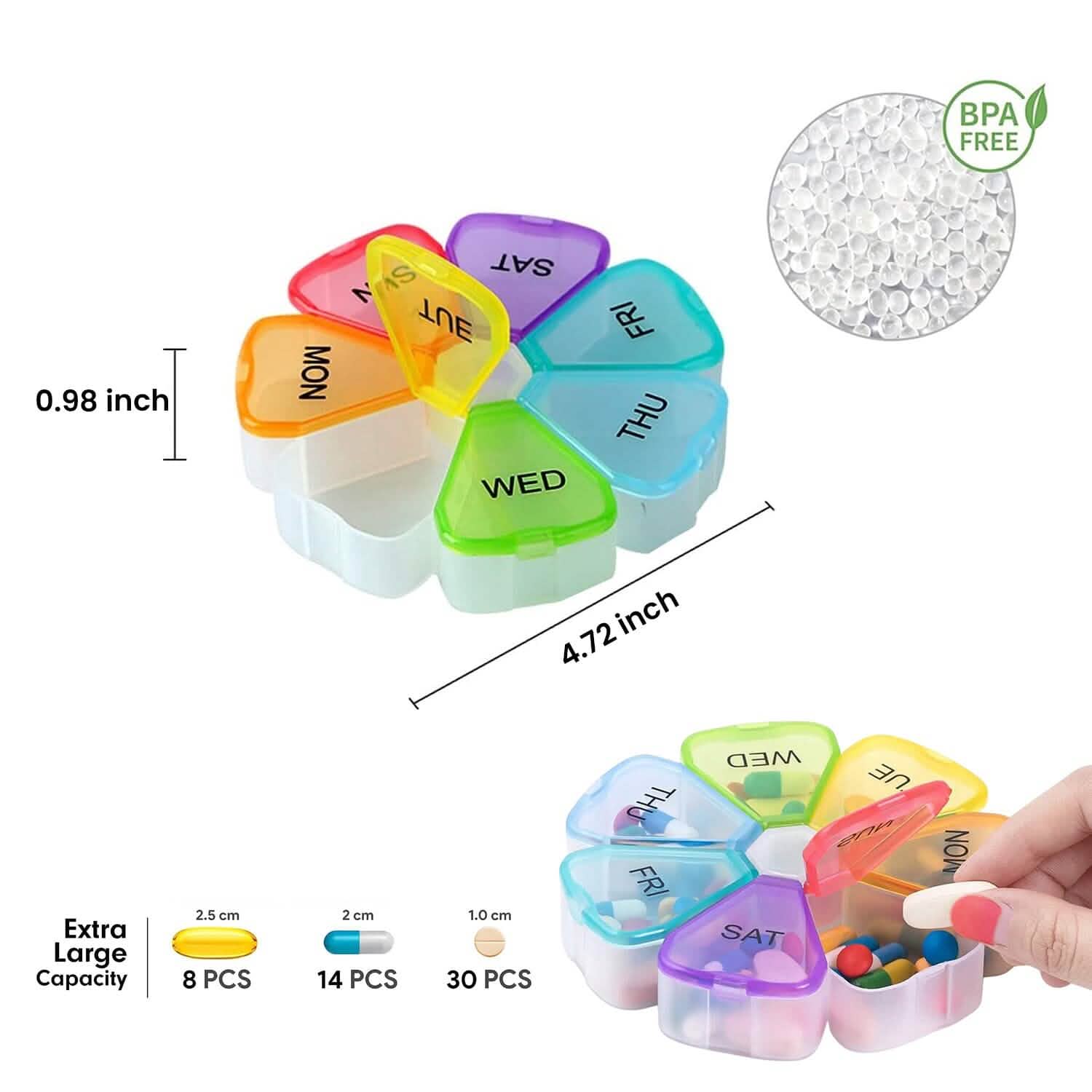 Colorful 7 Day Pills And Vitamins Organizer With Large Compartments