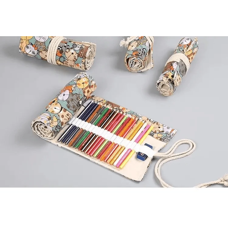 Colorful Roll Up Pencil Case Canvas Flowers Style Colored Pencils Wrap Multi-Purpose Pen Holder Cute Case