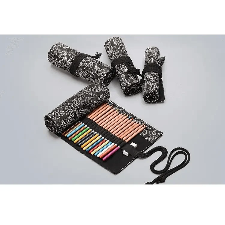 Colorful Roll Up Pencil Case Canvas Flowers Style Colored Pencils Wrap Multi-Purpose Pen Holder Cute Case