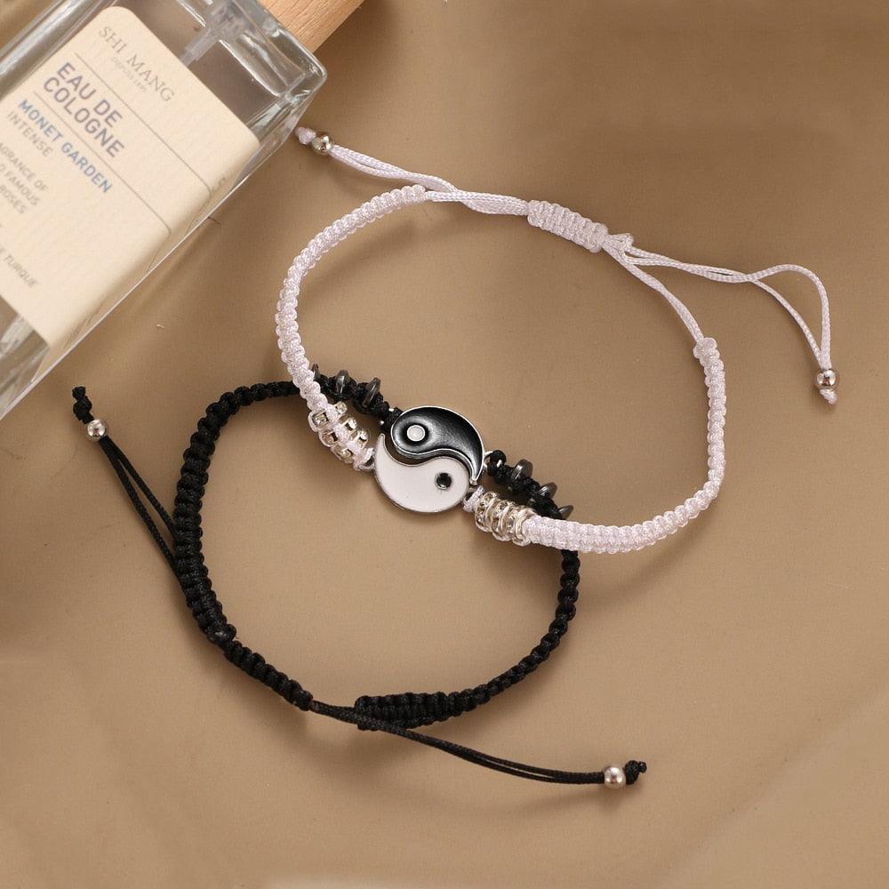 Couple Bracelets Cord Braid Chain Bracelet Alloy Pendant Two-piece Woven Rope Braid Bracelet Bangle For Women Men Charm Adjustable Black White Matching Bracelets For Couples