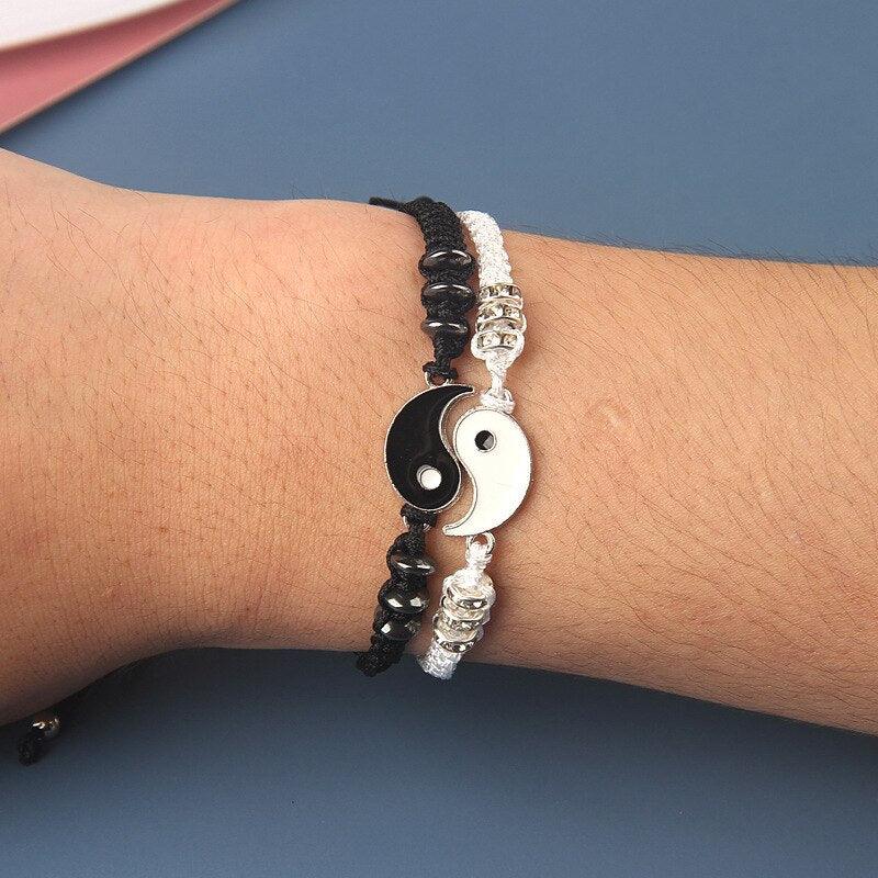 Couple Bracelets Cord Braid Chain Bracelet Alloy Pendant Two-piece Woven Rope Braid Bracelet Bangle For Women Men Charm Adjustable Black White Matching Bracelets For Couples