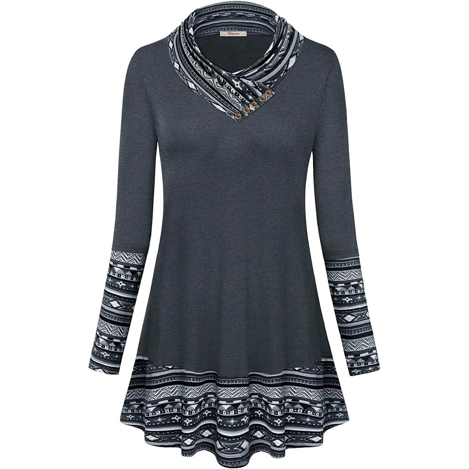 Cowl Neck Long Sleeve Patchwork Top