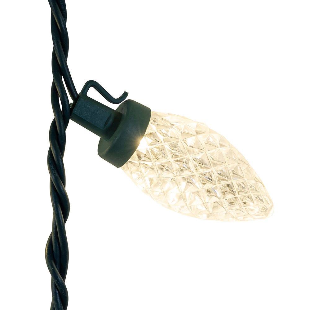 100-Light Warm White LED Faceted C9 Green Wire String Lights