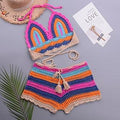 Crochet Bikini Sets Multi Color Knitted Rainbow Striped Off Shoulder Top Bottom Bikini Women's Crochet Striped Lace Up  Shorts Bikini Set 2 PCS Knit Bathing Suit Swimsuit Beachwear Bathing Suit Women Swimsuit
