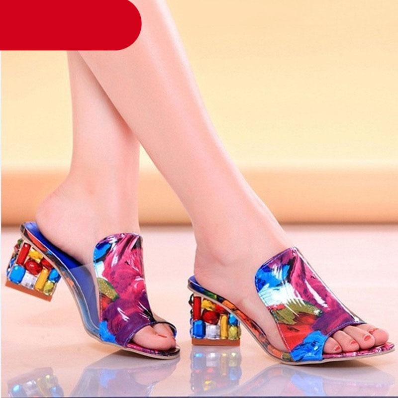 Crystal Sandals Open Toe Square Heels Spring Summer Shoes Sandals Women Footwear Low Block Heels Mules Open Toe Ankle Strap Sandals Square Toe Mixed Colors Beautiful Sandals