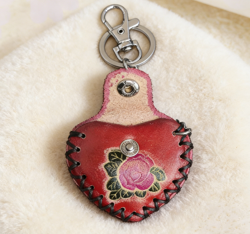 Handmade Leather Heart Coin Pouch Keychain