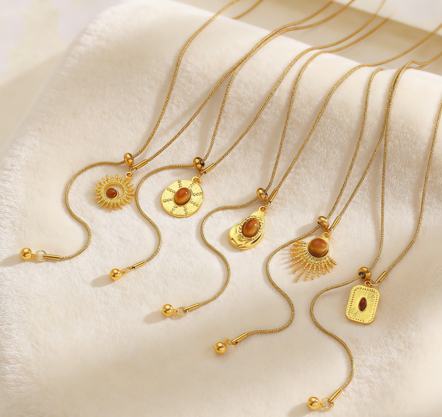 Gold Sunflower & Tiger Eye Long Necklace