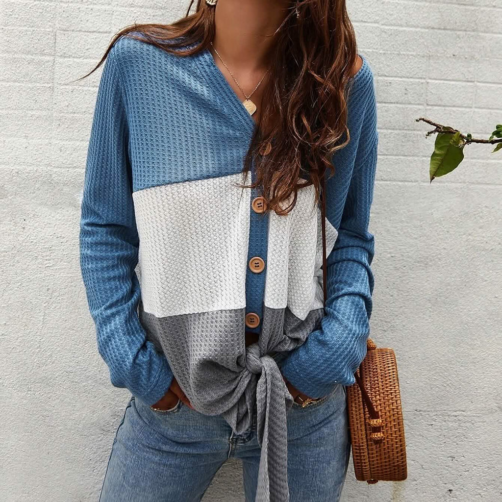 Cut And Sew Panel Knot Hem Waffle Knit Tee