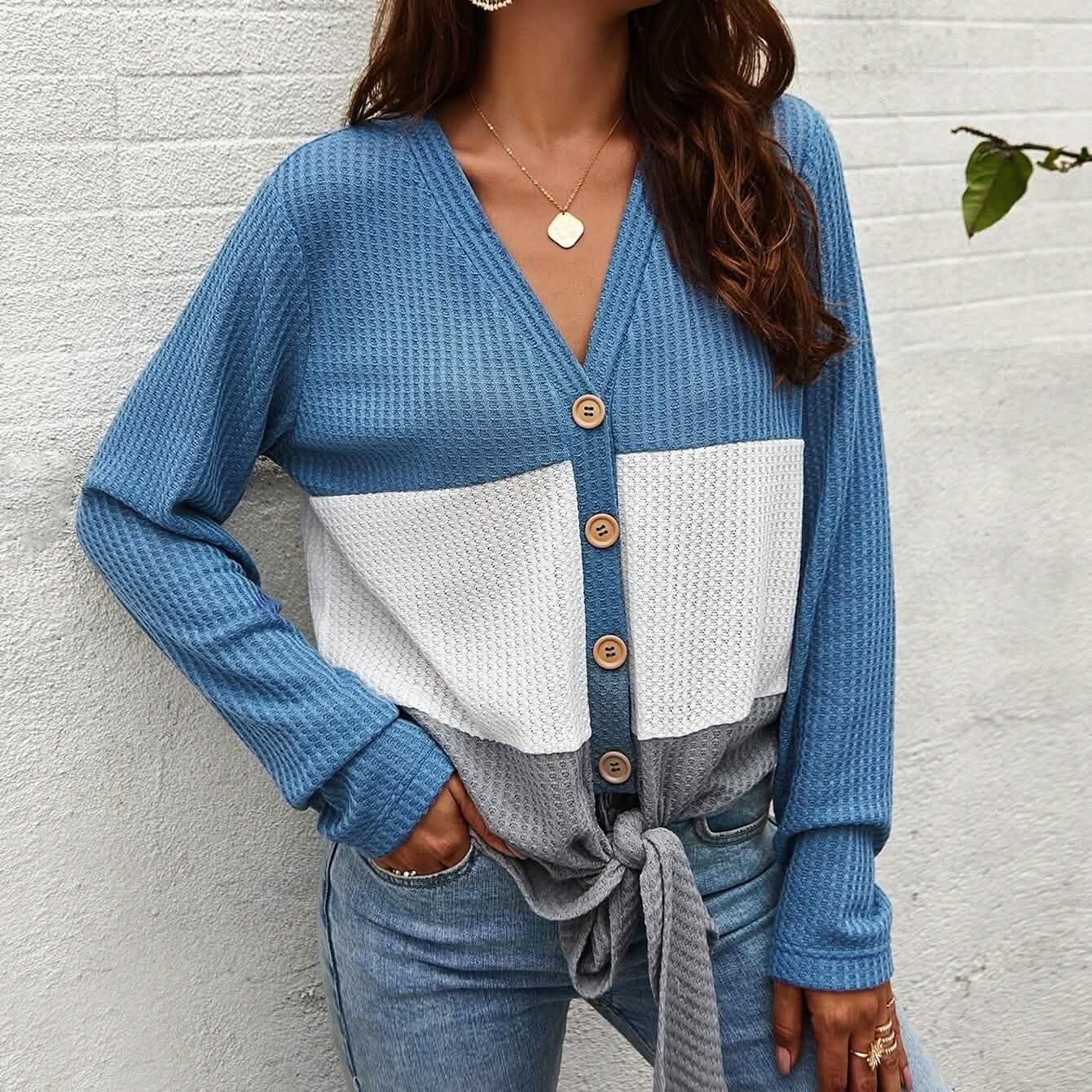 Cut And Sew Panel Knot Hem Waffle Knit Tee