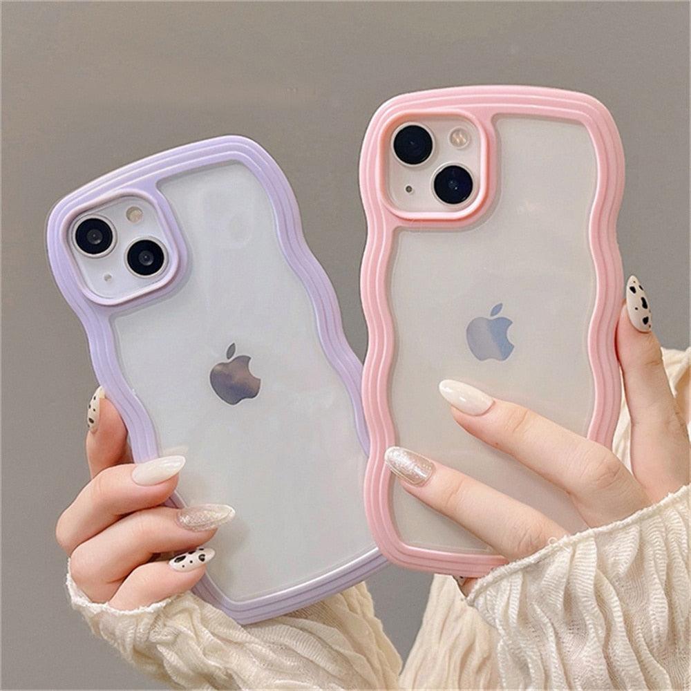 Cute Transparent Curly Wave Phone Case For iPhone 14Pro 13 12 11 Pro Max X XR XS Max Candy Color Shockproof Clear Hard  Cover Shockproof Popular Wavy Stylish Phone Case