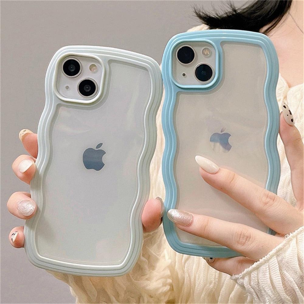 Cute Transparent Curly Wave Phone Case For iPhone 14Pro 13 12 11 Pro Max X XR XS Max Candy Color Shockproof Clear Hard  Cover Shockproof Popular Wavy Stylish Phone Case