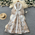 Vintage Lantern Sleeve Floral Dress – Summer Mandarin Collar Tie-Waist A-Line Maxi, Graceful Shift
