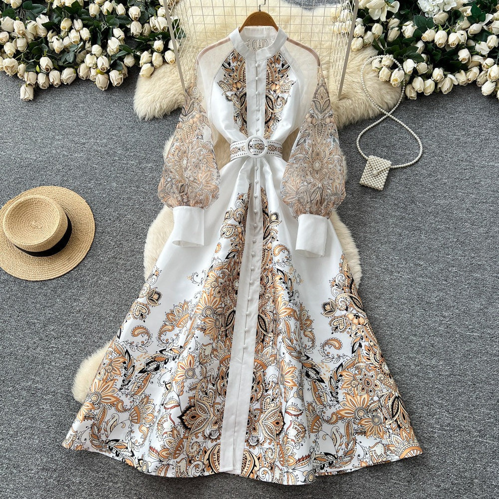 Vintage Lantern Sleeve Floral Dress – Summer Mandarin Collar Tie-Waist A-Line Maxi, Graceful Shift