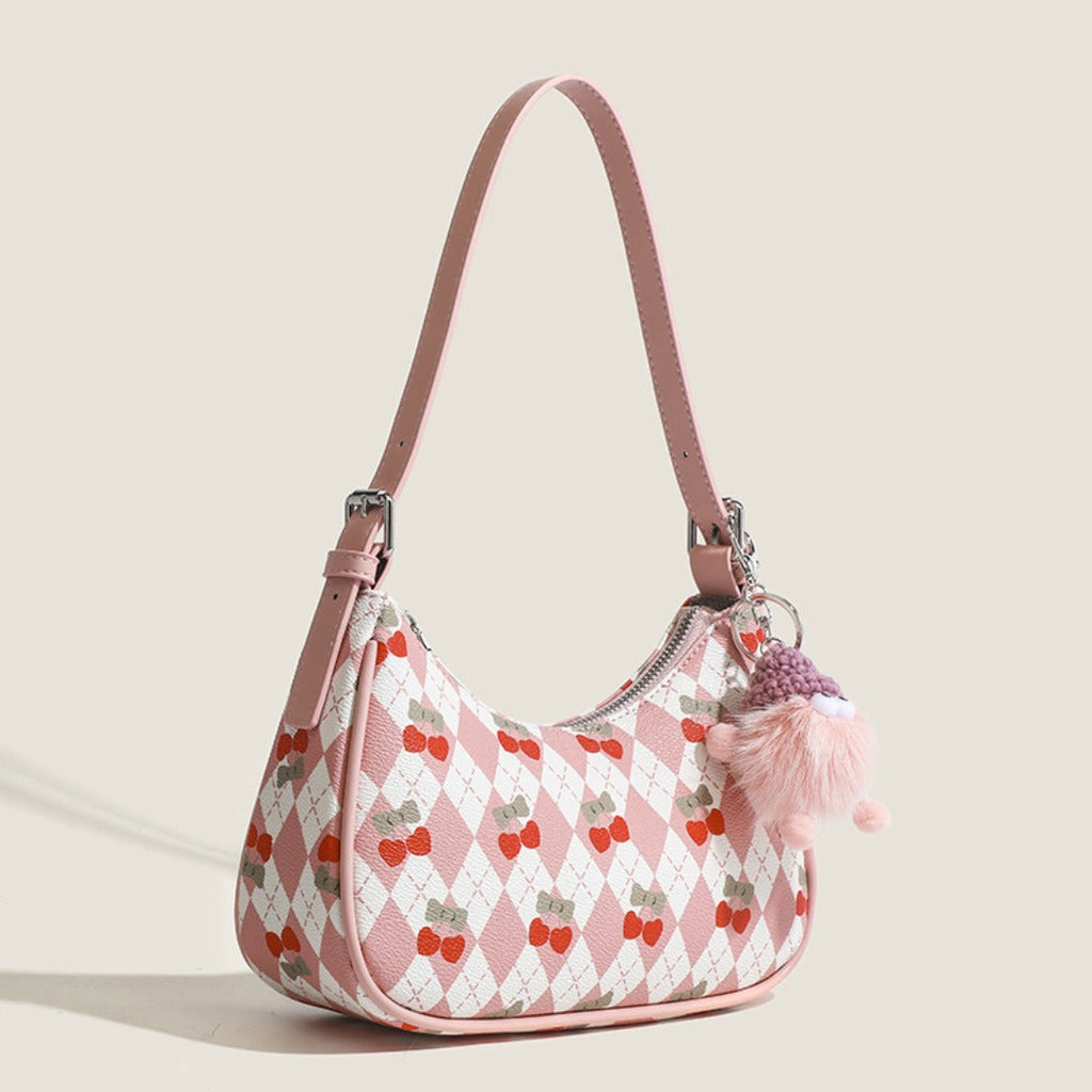 Small versatile shoulder bag, cute cherry pattern shoulder bag, top handle bag, crescent bag  hobo