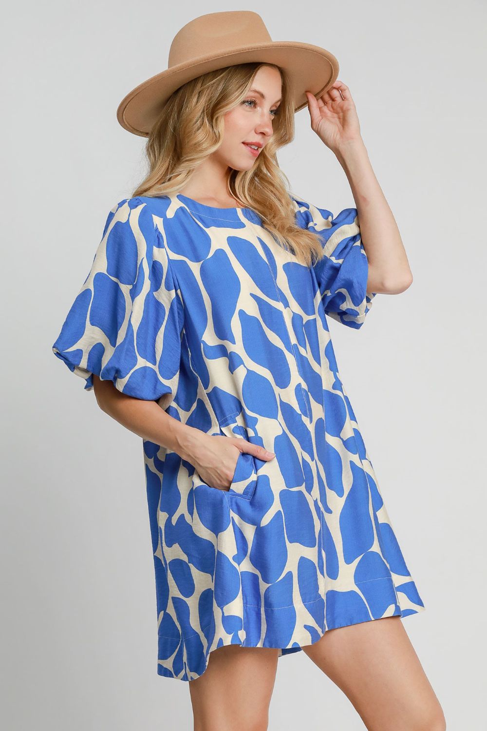 Blue Two Tone Abstract Print Puff Sleeve Dress Trendy Modern Print Dress for Women Summer Dress