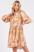 New Summer Flower Print Linen Blend Babydoll Mini Dress – Lightweight Floral Babydoll Dress with Relaxed Fit and Gathered Waist