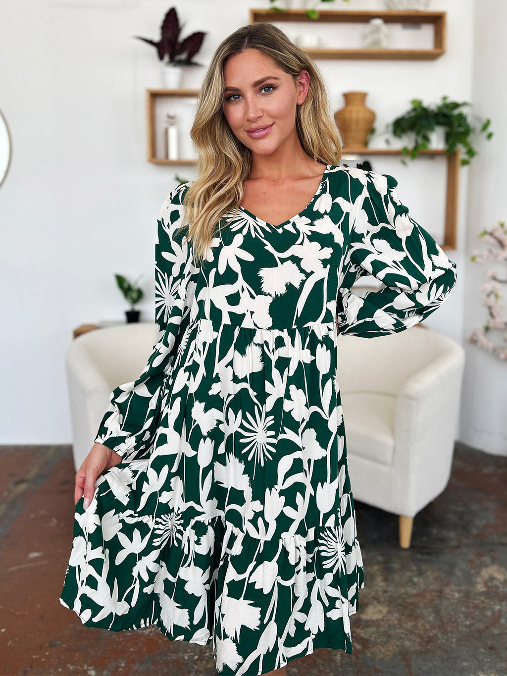 Double Take Full Size Printed Ruffle Hem Dress with Pocket Stylish & Functional Women Dress