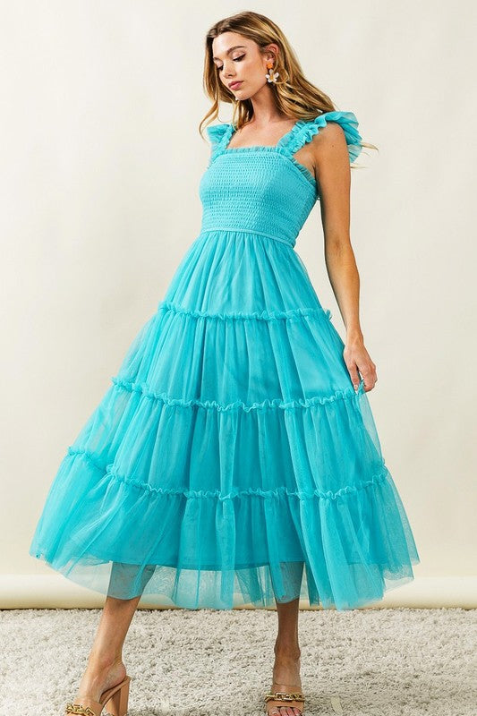 Frill Mesh Tiered Midi Dress For Women – Fluttering, Elegant, Romantic Frill Design with Mesh Details for a Feminine Silhouette
