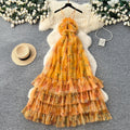 Vacation Halter Sleeveless Printed Dress – Tiered Mesh Cake Skirt, Flowy Summer Maxi