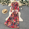 Women’s Printed Crewneck Long Sleeve Tee + High-Waist Flared Maxi Skirt Set – Casual Coord