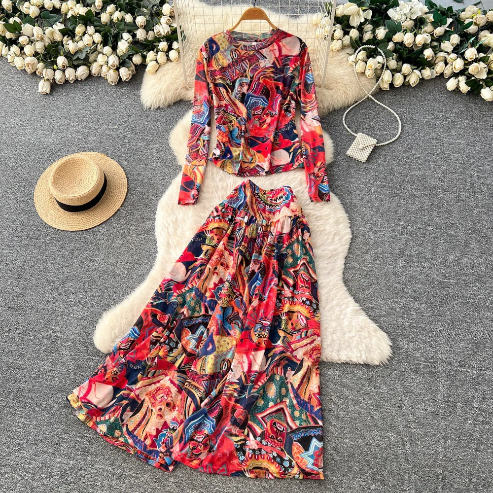 Women’s Printed Crewneck Long Sleeve Tee + High-Waist Flared Maxi Skirt Set – Casual Coord